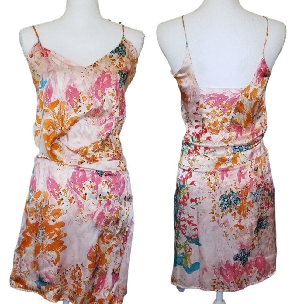 Adele Fado Pastel‎ Pink Watercolor Floral Satin Silk Dress Spaghetti Strap Small